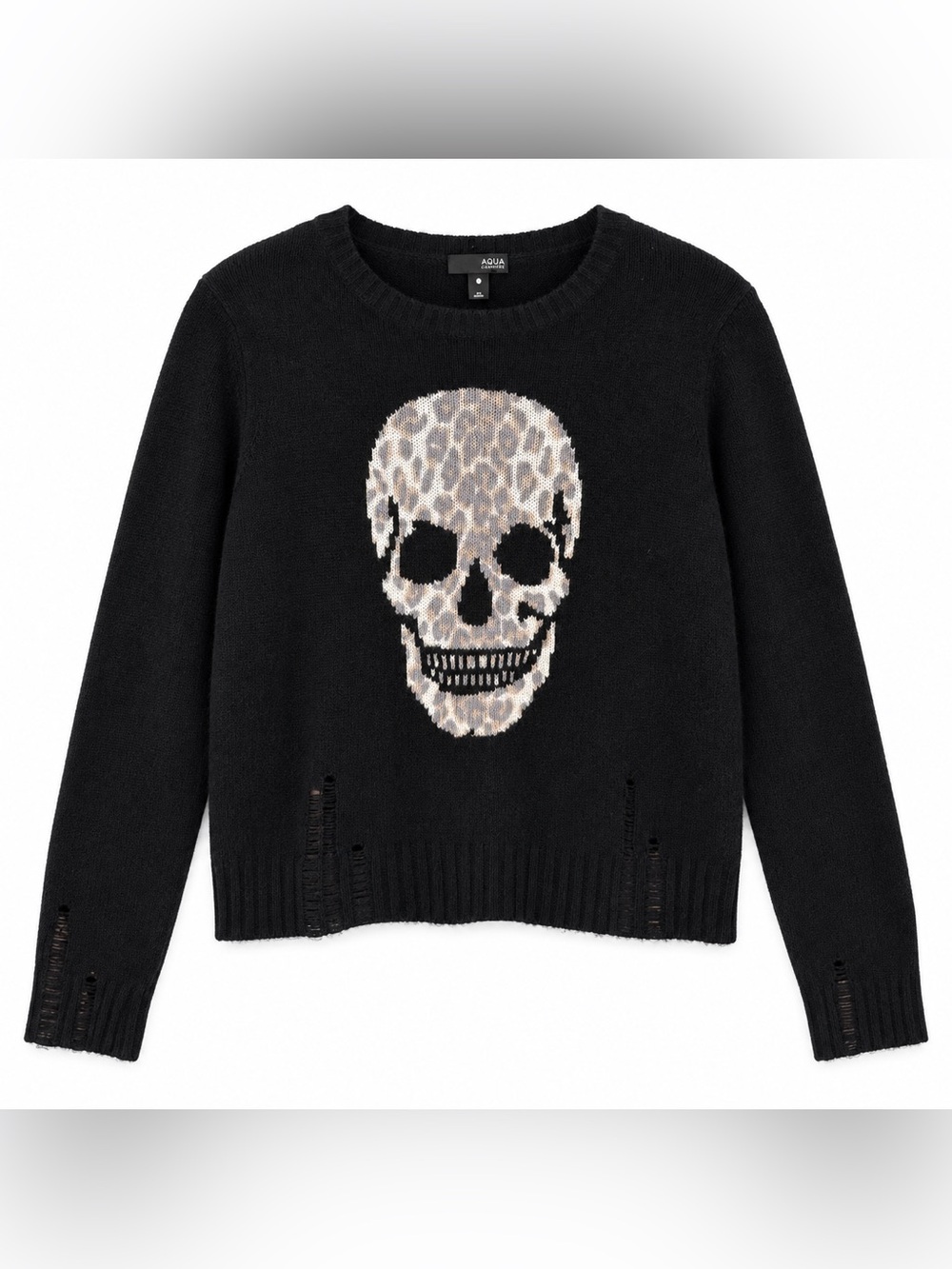 AQUA Cashmere Leopard Skull Distressed Sweater Black 100% Cashmere Size S